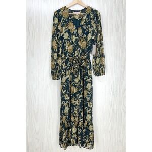 Chelsea28 Dress Womens Small Green Floral Long Sleeve V Neck Belted Midi‎ Lined